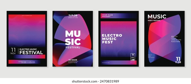 Music poster design background vector set. Electro Sound Cover template with abstract gradient halftone dotted, line wave. Ideal design for social media, flyer, party, music festival, club.