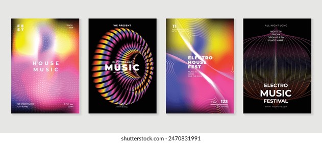 Music poster design background vector set. Electro Sound Cover template with abstract gradient halftone dotted, line wave. Ideal design for social media, flyer, party, music festival, club.