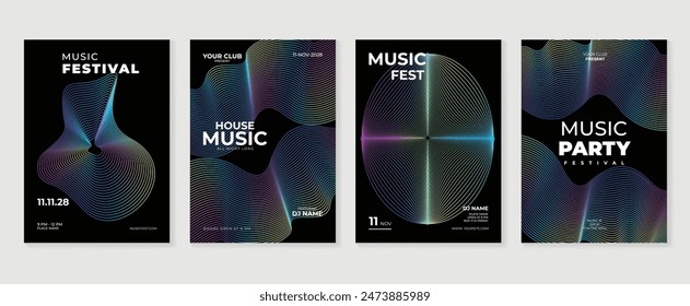 Music poster design background vector set. Electro Sound Cover template with vibrant abstract gradient line wave. Ideal design for social media, flyer, party, music festival, club.