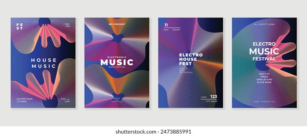 Music poster design background vector set. Electro Sound Cover template with vibrant abstract gradient line wave. Ideal design for social media, flyer, party, music festival, club.