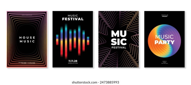 Music poster design background vector set. Electro Sound Cover template with vibrant abstract gradient line wave and geometric shape. Ideal design for social media, flyer, party, music festival, club.