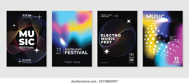 Music poster design background vector set. Electro Sound Cover template with vibrant abstract gradient line wave. Ideal design for social media, flyer, party, music festival, club.