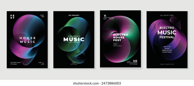 Conjunto de Vector de fondo de diseño de póster de música. Plantilla Electro Sound Cover con vibrante onda de línea de gradiente abstracto. Diseño ideal para redes sociales, flyer, fiesta, festival de música, club.