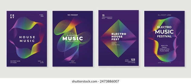 Music poster design background vector set. Electro Sound Cover template with vibrant abstract gradient line wave. Ideal design for social media, flyer, party, music festival, club.