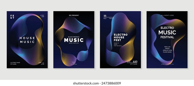 Music poster design background vector set. Electro Sound Cover template with vibrant abstract gradient line wave. Ideal design for social media, flyer, party, music festival, club.