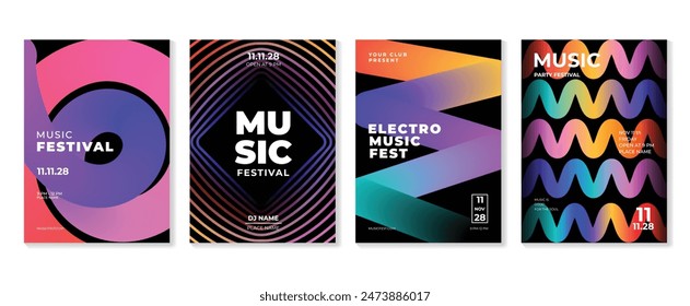 Music poster design background vector set. Electro Sound Cover template with vibrant abstract gradient line wave and geometric shape. Ideal design for social media, flyer, party, music festival, club.