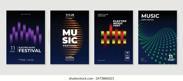 Conjunto de Vector de fondo de diseño de póster de música. Plantilla Electro Sound Cover con vibrante onda geométrica de gradiente abstracto y semitono. Diseño ideal para redes sociales, flyer, fiesta, festival de música, club.