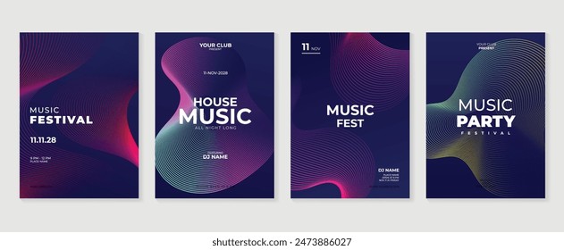 Music poster design background vector set. Electro Sound Cover template with vibrant abstract gradient line wave. Ideal design for social media, flyer, party, music festival, club.