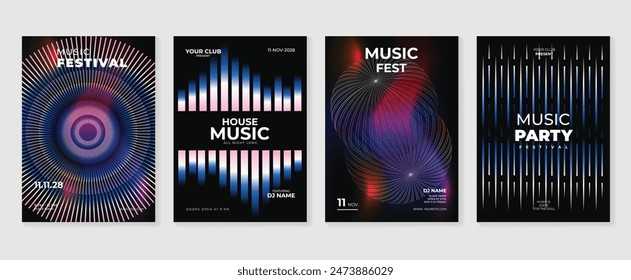 Music poster design background vector set. Electro Sound Cover template with vibrant abstract gradient line wave and geometric shape. Ideal design for social media, flyer, party, music festival, club.