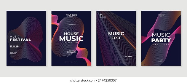 Music poster design background vector set. Electro Sound Cover template with vibrant abstract gradient line wave. Ideal design for social media, flyer, party, music festival, club.