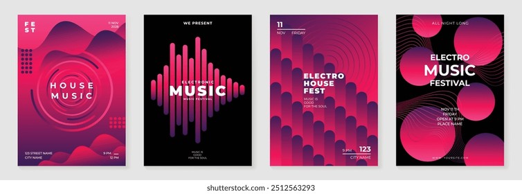 Conjunto de vetor de fundo de design de cartaz de música. Modelo de capa de som eletro com onda de linha de gradiente abstrato vibrante, forma geométrica. Design ideal para mídias sociais, folheto, festa, festival de música, clube.