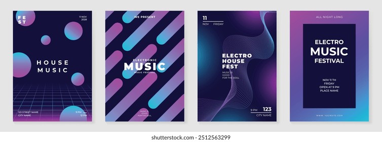 Music poster design background vector set. Electro Sound Cover template with vibrant abstract gradient line wave, geometric shape. Ideal design for social media, flyer, party, music festival, club.