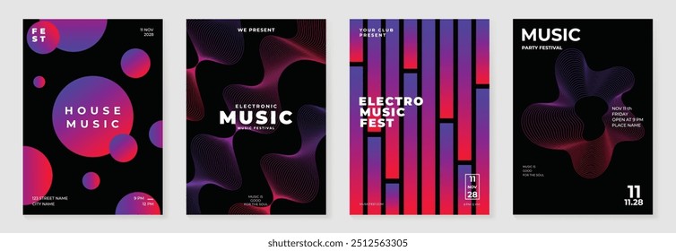 Conjunto de vetor de fundo de design de cartaz de música. Modelo de capa de som eletro com onda de linha de gradiente abstrato vibrante, forma geométrica. Design ideal para mídias sociais, folheto, festa, festival de música, clube.