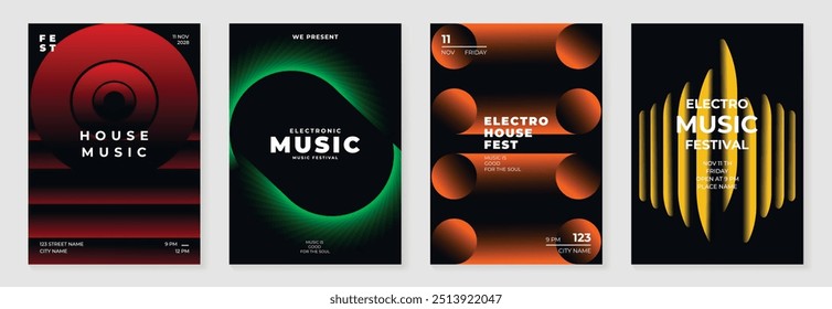 Conjunto de vetor de fundo de design de cartaz de música. Modelo de capa de som eletro com vibrante forma geométrica de gradiente abstrato. Design ideal para mídias sociais, folheto, festa, festival de música, clube.