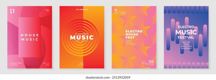 Conjunto de vetor de fundo de design de cartaz de música. Modelo de capa de som eletro com onda de linha de gradiente abstrato vibrante, forma geométrica. Design ideal para mídias sociais, folheto, festa, festival de música, clube.