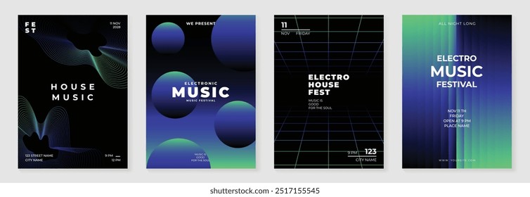 Music poster design background vector set. Electro Sound Cover template with vibrant abstract gradient line wave, geometric shape. Ideal design for social media, flyer, party, music festival, club.