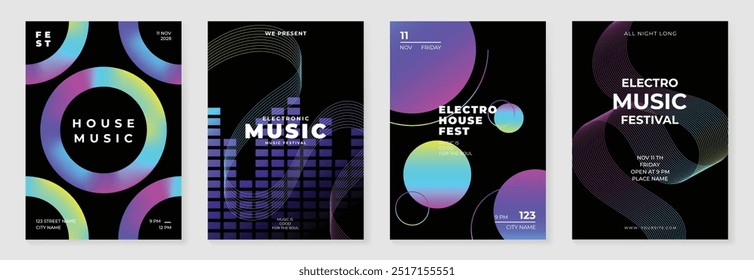 Conjunto de vetor de fundo de design de cartaz de música. Modelo de capa de som eletro com onda de linha de gradiente abstrato vibrante, forma geométrica. Design ideal para mídias sociais, folheto, festa, festival de música, clube.