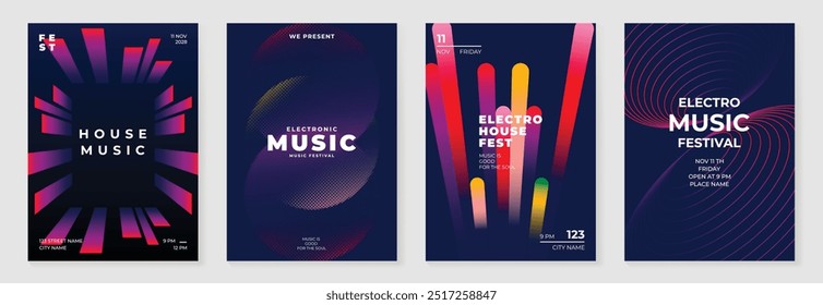 Music poster design background vector set. Electronic Sound Cover template with vibrant abstract gradient line wave , halftone and geometric shape.