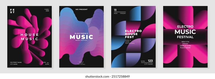 Hintergrundvektorsatz für das Design eines Musikplakats. Electro Sound Cover Vorlage mit lebendigen abstrakten Gradienten geometrische Form. Ideales Design für Social Media, Flyer, Party, Musikfestival, Club.