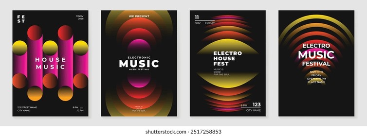 Music poster design background vector set. Electro Sound Cover template with vibrant abstract gradient geometric shape. Ideal design for social media, flyer, party, music festival, club.