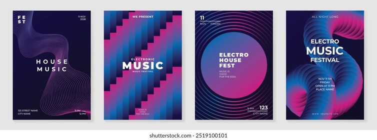 Music poster design background vector set. Electro Sound Cover template with vibrant abstract gradient geometric shape and line wave. Ideal design for social media, flyer, party, music festival, club.