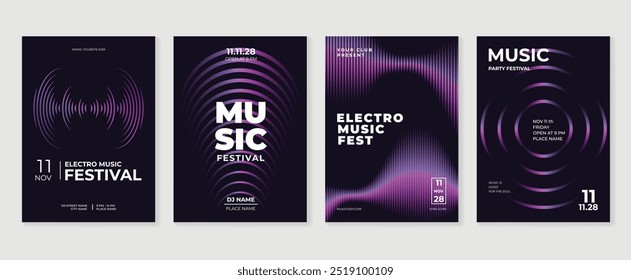 Music poster design background vector set. Electro Sound Cover template with vibrant abstract gradient geometric shape and line wave. Ideal design for social media, flyer, party, music festival, club.