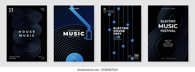 Conjunto de vetor de fundo de design de cartaz de música. Modelo de capa de som eletro com vibrante forma geométrica de gradiente abstrato e onda de linha. Design ideal para mídias sociais, folheto, festa, festival de música, clube.