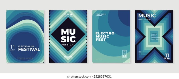 Hintergrundvektorsatz für das Design eines Musikplakats. Electro Sound Cover Vorlage mit lebendigen abstrakten Gradienten geometrische Form und Linie Welle. Ideales Design für Social Media, Flyer, Party, Musikfestival, Club.