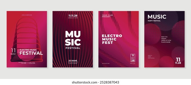 Music poster design background vector set. Electro Sound Cover template with vibrant abstract gradient geometric shape and line wave. Ideal design for social media, flyer, party, music festival, club.