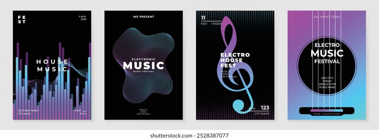 Conjunto de vetor de fundo de design de cartaz de música. Modelo de capa de som eletro com vibrante forma geométrica de gradiente abstrato e onda de linha. Design ideal para mídias sociais, folheto, festa, festival de música, clube.