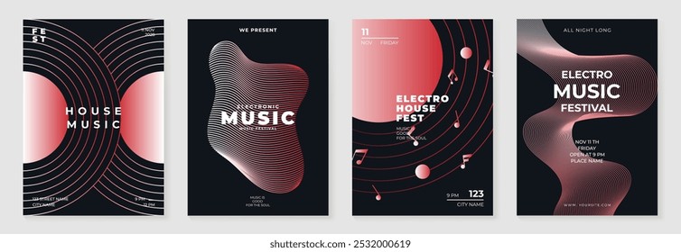 Music poster design background vector set. Electro Sound Cover template with vibrant abstract gradient geometric shape and line wave. Ideal design for social media, flyer, party, music festival, club.