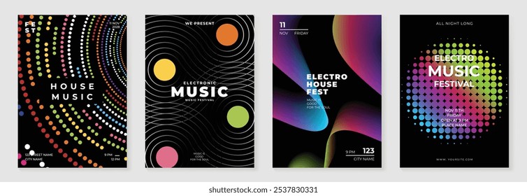 Conjunto de vetor de fundo de design de cartaz de música. Modelo de capa de som eletro com vibrante forma geométrica de gradiente abstrato e onda de linha. Design ideal para mídias sociais, folheto, festa, festival de música, clube.