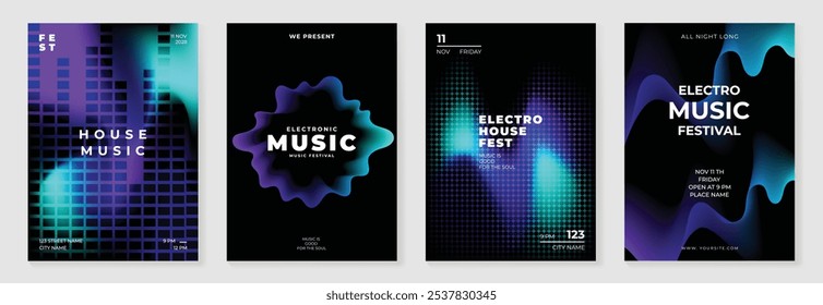 Conjunto de vetor de fundo de design de cartaz de música. Modelo de capa de som eletro com vibrante forma geométrica de gradiente abstrato e onda de linha. Design ideal para mídias sociais, folheto, festa, festival de música, clube.