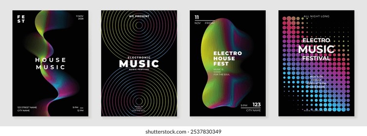 Hintergrundvektorsatz für das Design eines Musikplakats. Electro Sound Cover Vorlage mit lebendigen abstrakten Gradienten geometrische Form und Linie Welle. Ideales Design für Social Media, Flyer, Party, Musikfestival, Club.