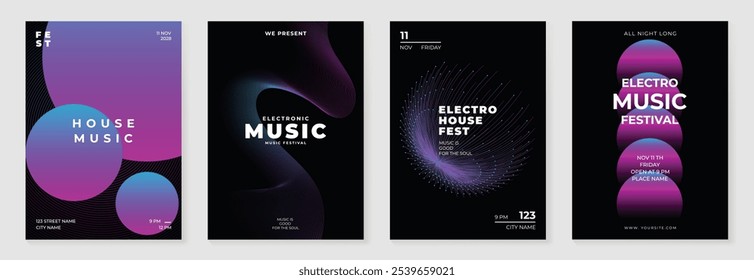 Conjunto de Vector de fondo de diseño de póster musical. Electro Sound Cover Plantilla con vibrante forma geométrica de gradiente abstracto y onda de línea. Diseño ideal para redes sociales, flyer, fiesta, festival de música, club.