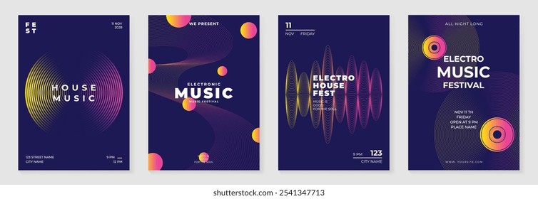 Conjunto de Vector de fondo de diseño de póster musical. Electro Sound Cover Plantilla con vibrante forma geométrica de gradiente abstracto y onda de línea. Diseño ideal para redes sociales, flyer, fiesta, festival de música, club.