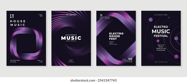 Conjunto de vetor de fundo de design de cartaz de música. Modelo de capa de som eletro com vibrante forma geométrica de gradiente abstrato e onda de linha. Design ideal para mídias sociais, folheto, festa, festival de música, clube.