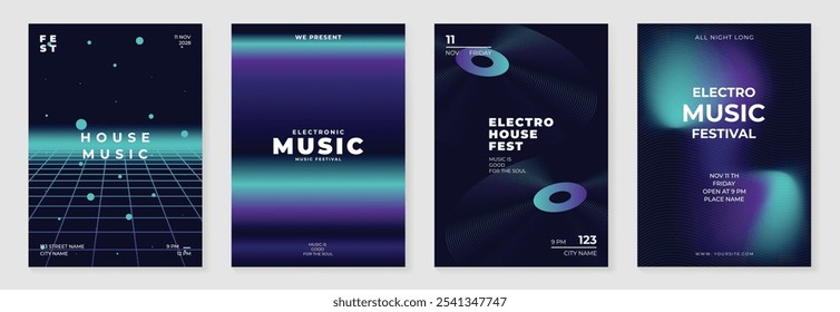 Hintergrundvektorsatz für das Design eines Musikplakats. Electro Sound Cover Vorlage mit lebendigen abstrakten Gradienten geometrische Form und Linie Welle. Ideales Design für Social Media, Flyer, Party, Musikfestival, Club.