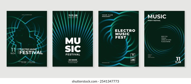 Music poster design background vector set. Electro Sound Cover template with vibrant abstract gradient geometric shape and line wave. Ideal design for social media, flyer, party, music festival, club.