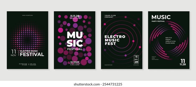 Music poster design background vector set. Electro Sound Cover template with vibrant abstract gradient geometric shape and line wave. Ideal design for social media, flyer, party, music festival, club.