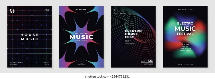 Music poster design background vector set. Electro Sound Cover template with vibrant abstract gradient geometric shape and line wave. Ideal design for social media, flyer, party, music festival, club.