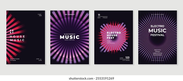 Music poster design background vector set. Electro Sound Cover template with vibrant abstract gradient geometric shape and line wave. Ideal design for social media, flyer, party, music festival, club.