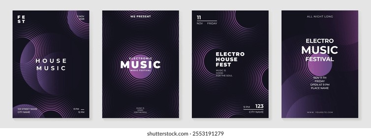 Music poster design background vector set. Electro Sound Cover template with vibrant abstract gradient geometric shape and line wave. Ideal design for social media, flyer, party, music festival, club.