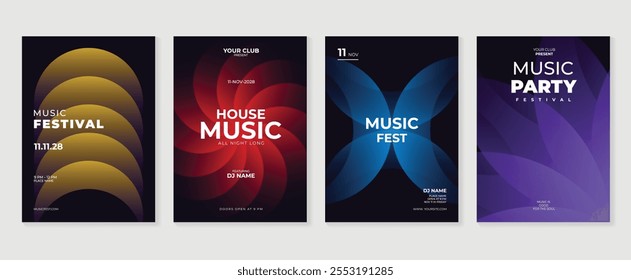 Conjunto de vetor de fundo de design de cartaz de música. Modelo de capa de som eletro com vibrante forma geométrica de gradiente abstrato e onda de linha. Design ideal para mídias sociais, folheto, festa, festival de música, clube.