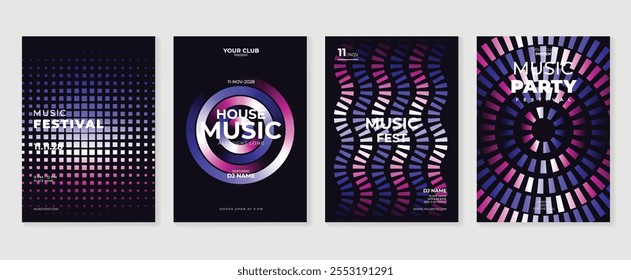 Conjunto de vetor de fundo de design de cartaz de música. Modelo de capa de som eletro com vibrante forma geométrica de gradiente abstrato e onda de linha. Design ideal para mídias sociais, folheto, festa, festival de música, clube.