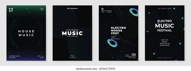 Music poster design background vector set. Electro Sound Cover template with vibrant abstract gradient geometric shape and line wave. Ideal design for social media, flyer, party, music festival, club.