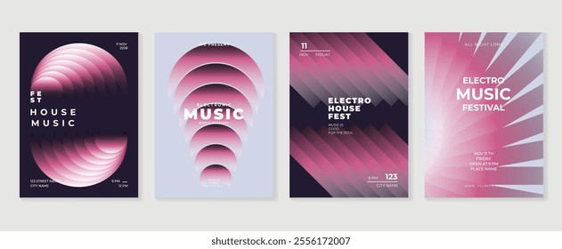 Music poster design background vector set. Electro Sound Cover template with vibrant abstract gradient geometric shape and line wave. Ideal design for social media, flyer, party, music festival, club.