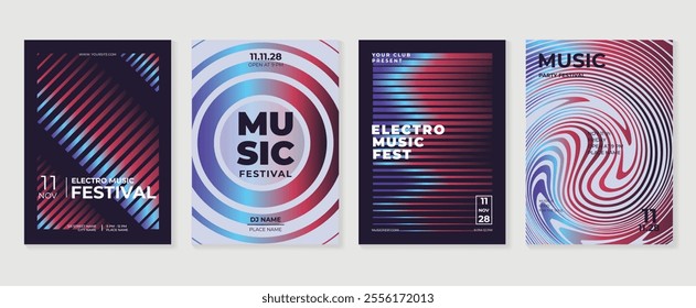 Music poster design background vector set. Electro Sound Cover template with vibrant abstract gradient geometric shape and line wave. Ideal design for social media, flyer, party, music festival, club.