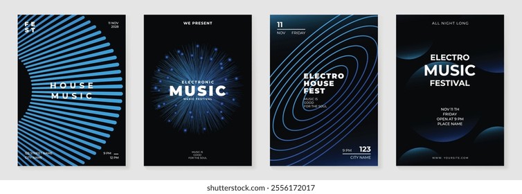 Music poster design background vector set. Electro Sound Cover template with vibrant abstract gradient geometric shape and line wave. Ideal design for social media, flyer, party, music festival, club.