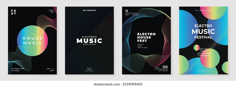 Music poster design background vector set. Electro Sound Cover template with vibrant abstract gradient geometric shape and line wave. Ideal design for social media, flyer, party, music festival, club.